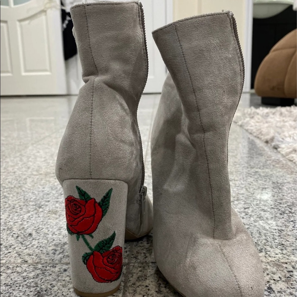 Suede Booties w/ Rose Detailing